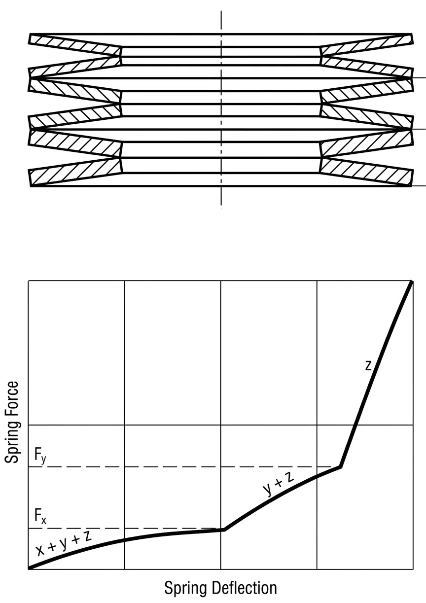 Cross-section of three series groups of disc springs with different individual load ratings, plus a force-deflection chart showing the composite curve stepping up in rate as each group reaches its own load-to-flat and stops contributing