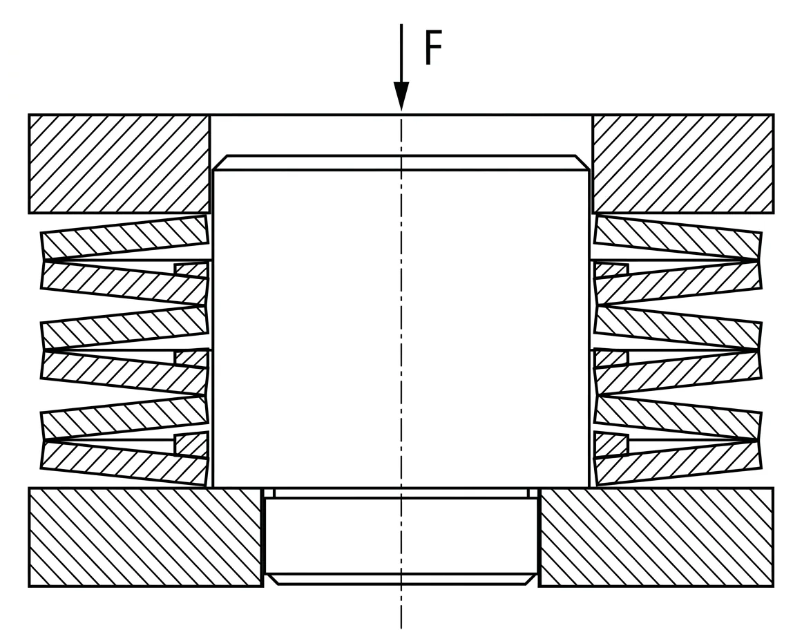 Cross-section of a disc spring stack around a central stepped stop sleeve that progressively engages sections of the stack in sequence as the assembly is compressed under load F