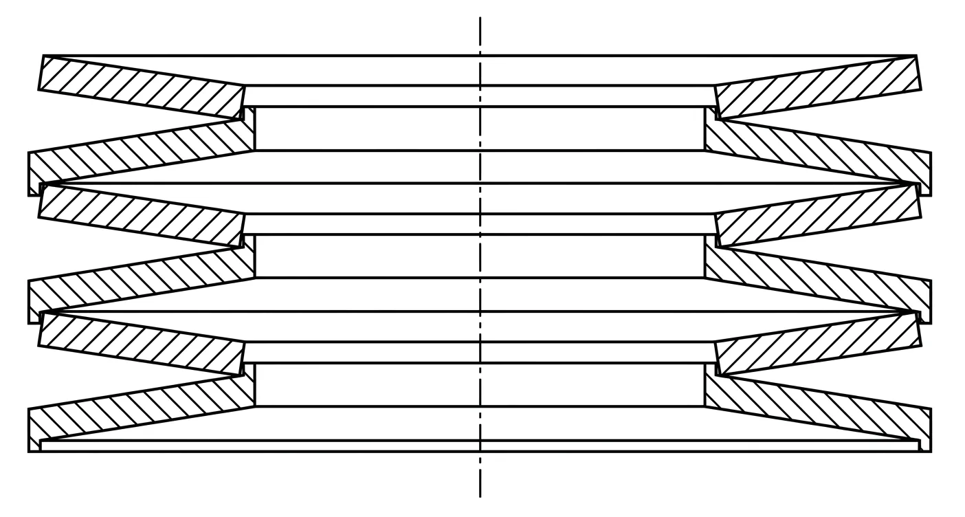 Cross-section of a Belleville washer stack centered by an integral machined cylindrical shoulder on each washer, nesting into the adjacent washer without a separate guide rod