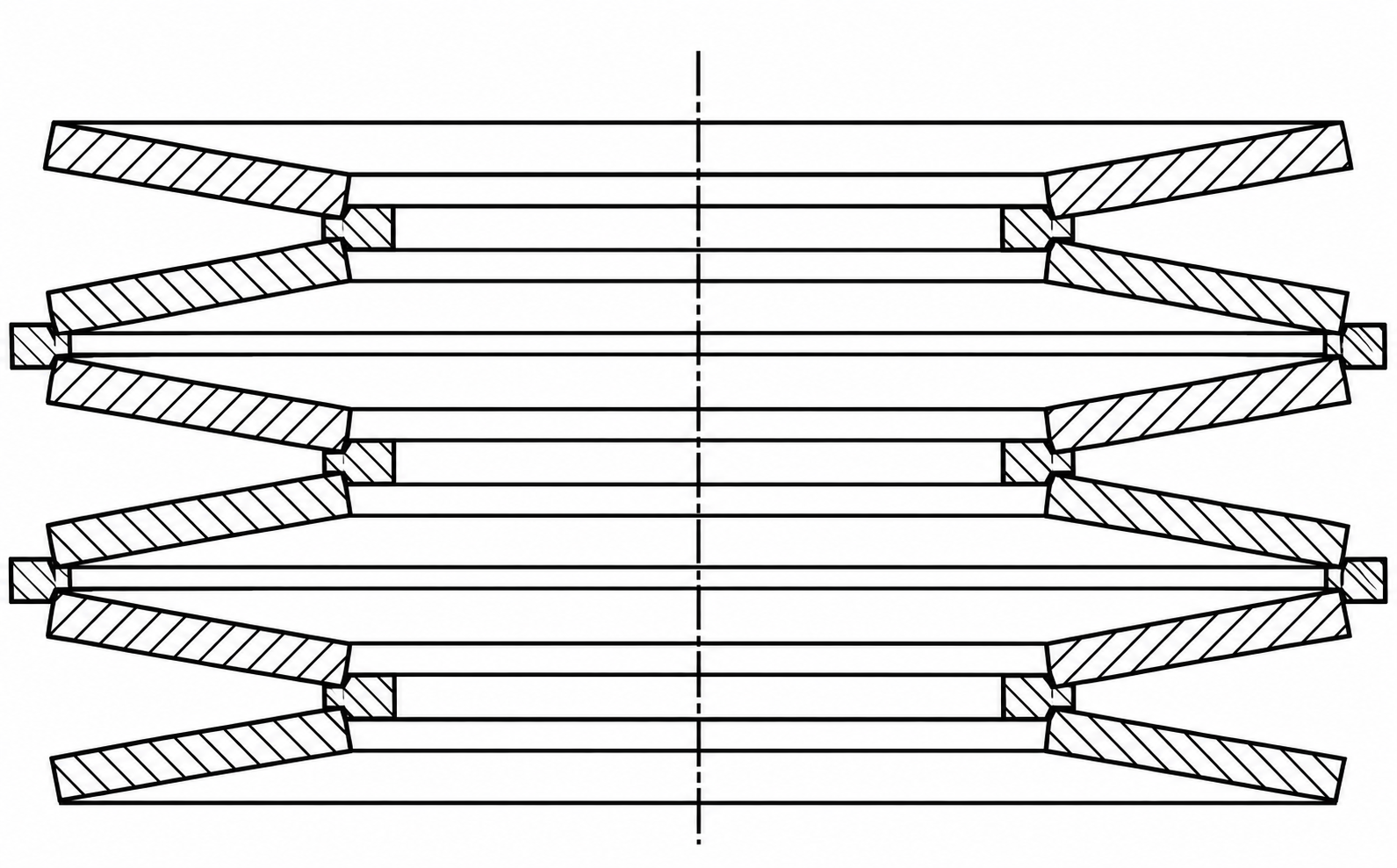 Cross-section of a Belleville washer stack with separate intermediate centering rings inserted between alternating washers to hold radial alignment