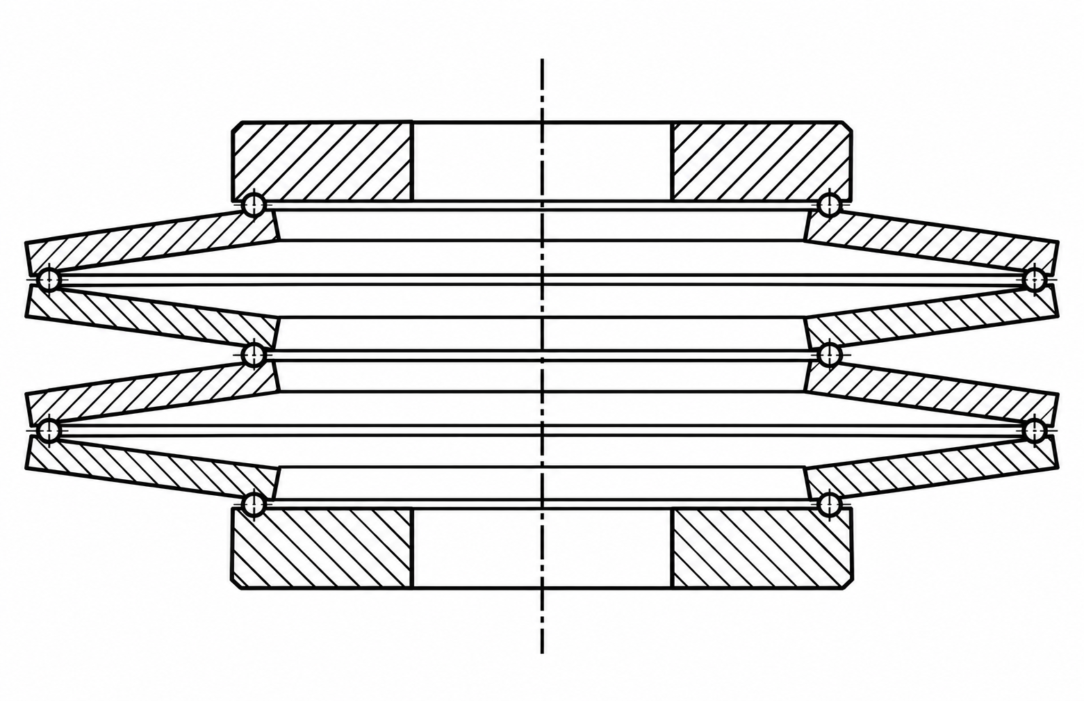 Cross-section of a Belleville washer stack centered by small balls or a segmented wire ring seated in a groove machined near the outside diameter of each washer