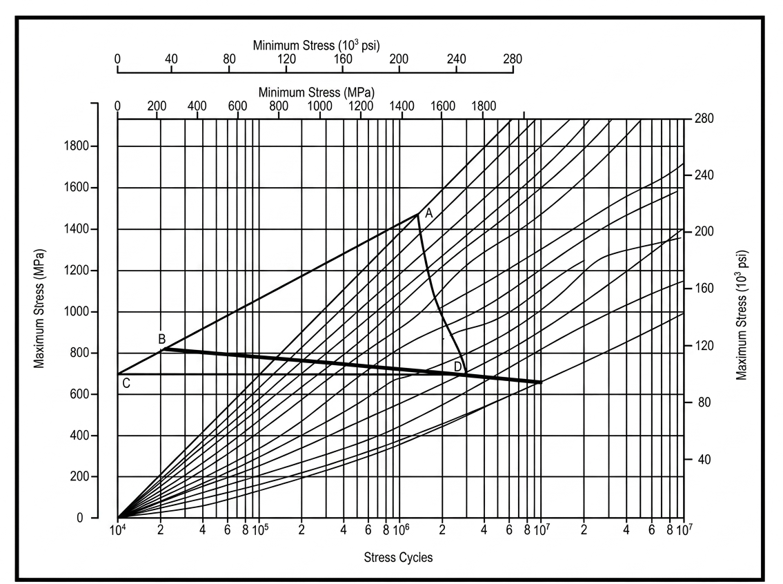 Critical buckling curves — springs plotting above and to the right of a curve will buckle. Solid line: one end free to tip. Dashed line: parallel plate support.