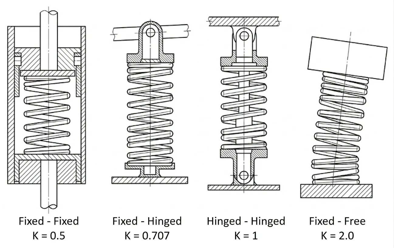 Four spring end-condition diagrams showing fixed-fixed, fixed-hinged, hinged-hinged, and fixed-free configurations.