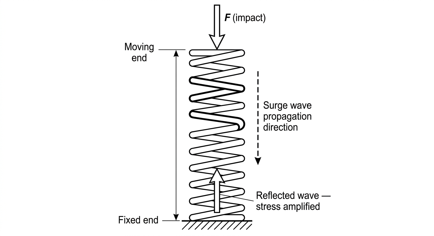 Surge of a wave through a compression spring