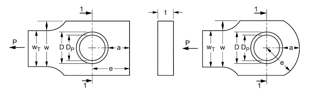 Two lug outlines loaded in tension with a thickness view between them, dimensioned for lug width w, tang width w_T, hole diameter D, pin diameter D_P, edge distance e, nose distance a and thickness t.