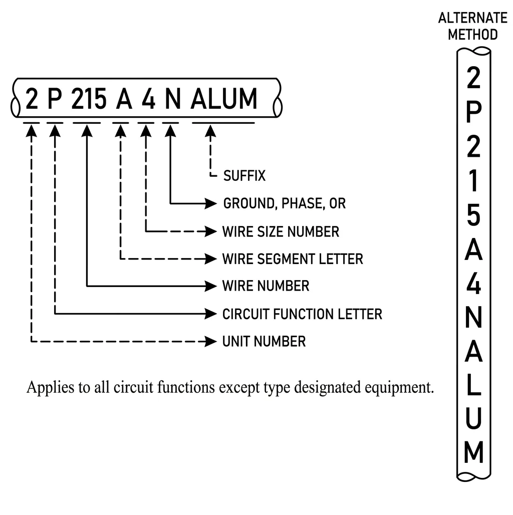 Example wire identification code 2 P 215 A 4 N ALUM, broken into unit number, circuit function letter, wire number, wire segment letter, wire size number, ground/phase/thermocouple letter and suffix