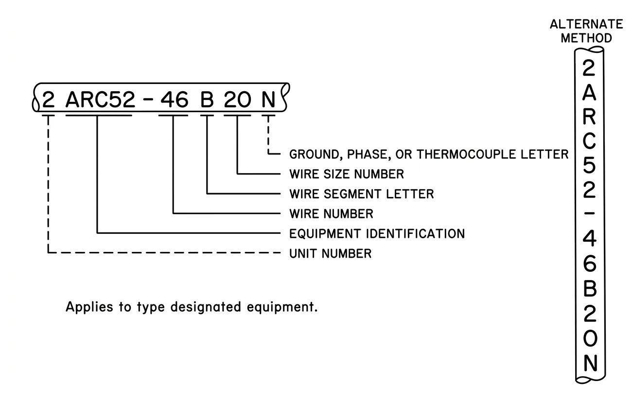 Example wire identification code 2 ARC52-46 B 20 N, broken into unit number, equipment identification, wire number, wire segment letter, wire size number and ground/phase/thermocouple letter