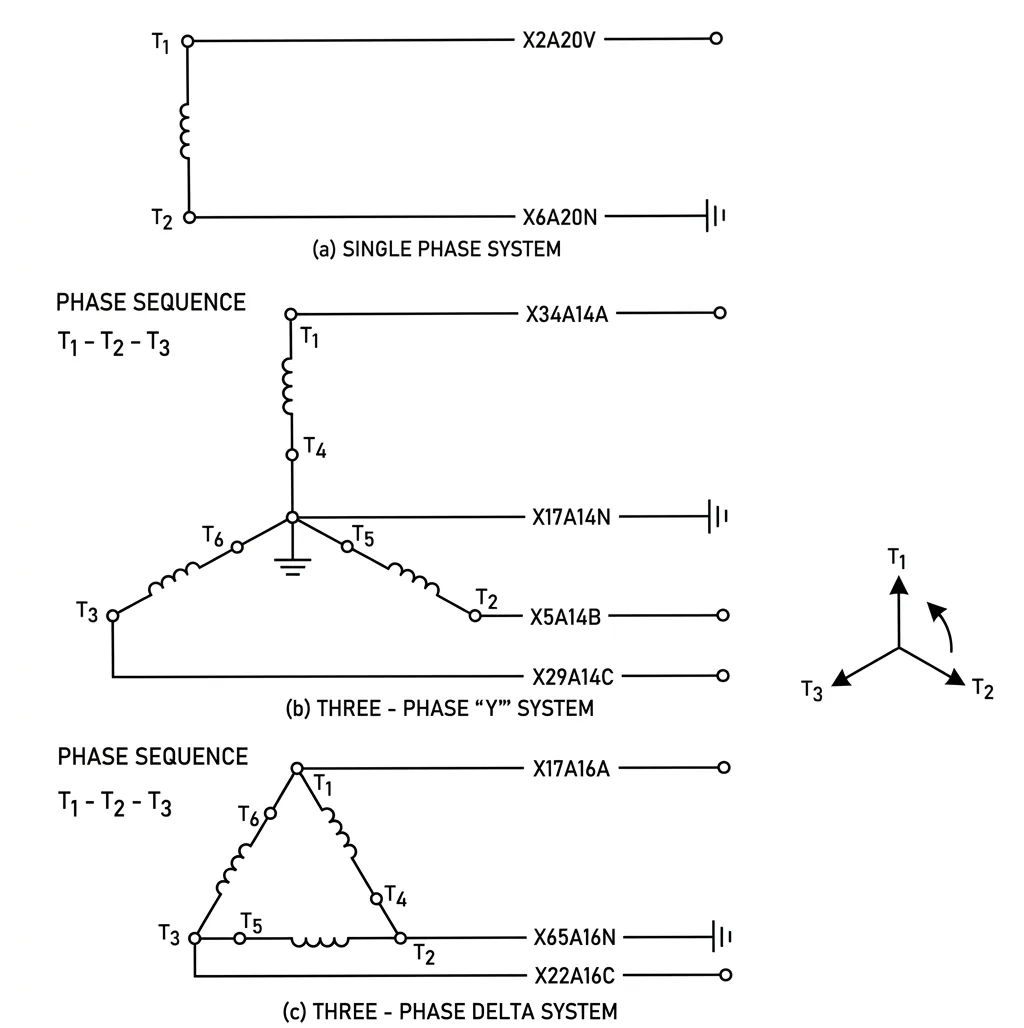 Examples of wire identification as applied to ac power wiring: single-phase, three-phase wye and three-phase delta systems