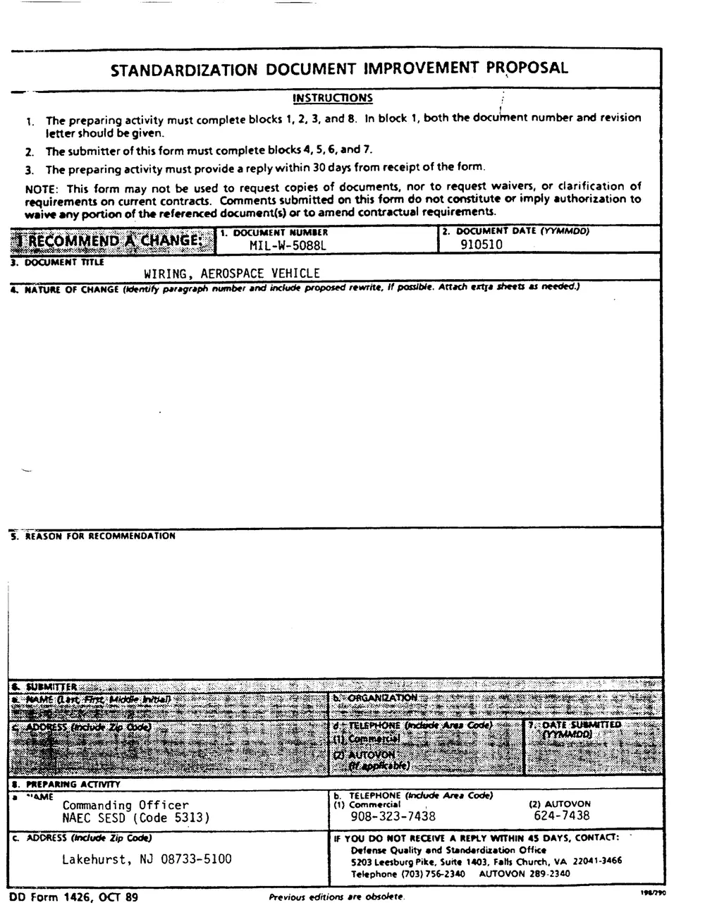 Scan of DD Form 1426 standardization document improvement proposal