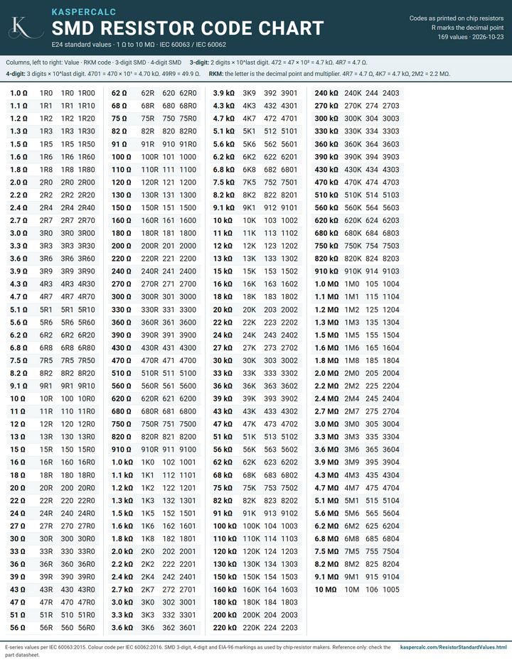 SMD resistor code chart: 3-digit and 4-digit chip resistor markings for every E24 value from 1 ohm to 10 megohm
